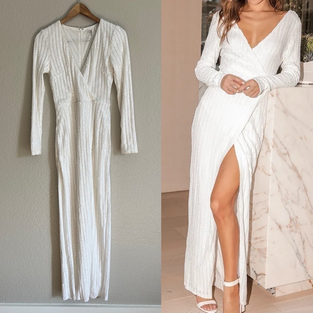 Love Lasts Forever White Sequin Long Sleeve Maxi Dress